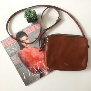 FOSSIL Double Zipper Brown Leather Crossbody Bag